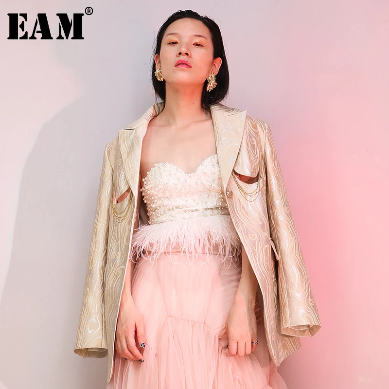 

[EAM] 2019 New Autumn Lapel Long Sleeve Lurex Jacquard Retro Hollow Out Loose Jacket Women Coat Fashion Tide JH583