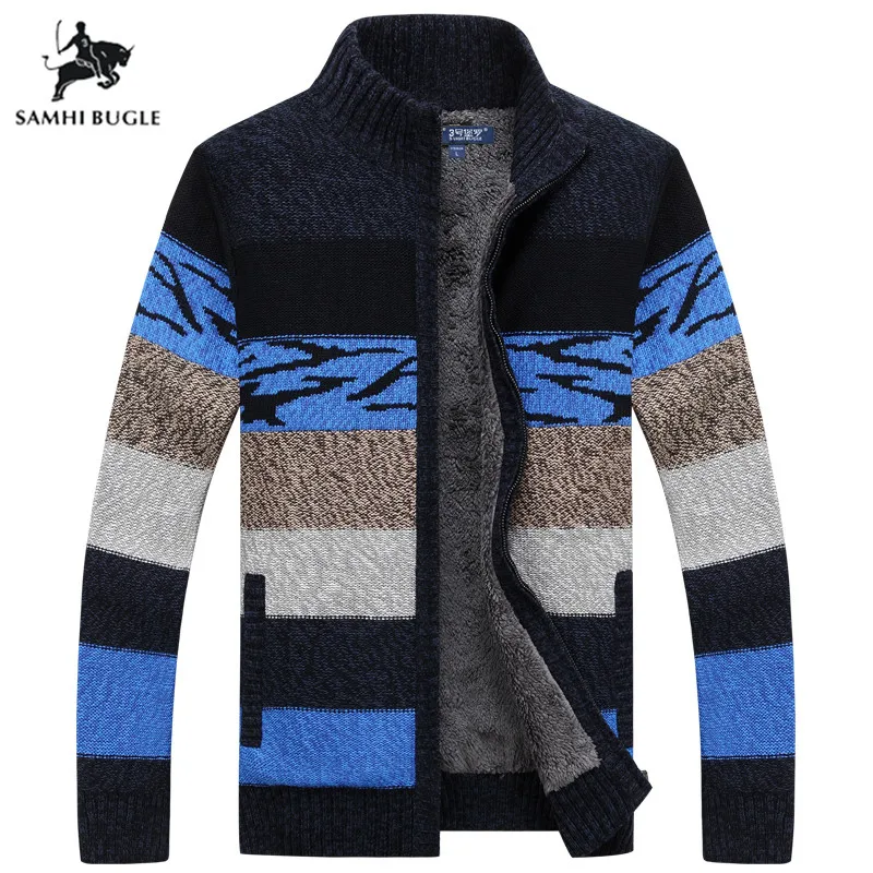Best Price SAMHIBUGLE Brand Clothing Cardigan 2019 Winter Sweater Men Pattern Striped Zipper Thicken Fleece Coat agasalho masculino