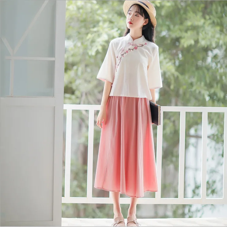 Женский костюм с вышивкой Hanfu из хлопка и льна юбкой лето 2019| |
