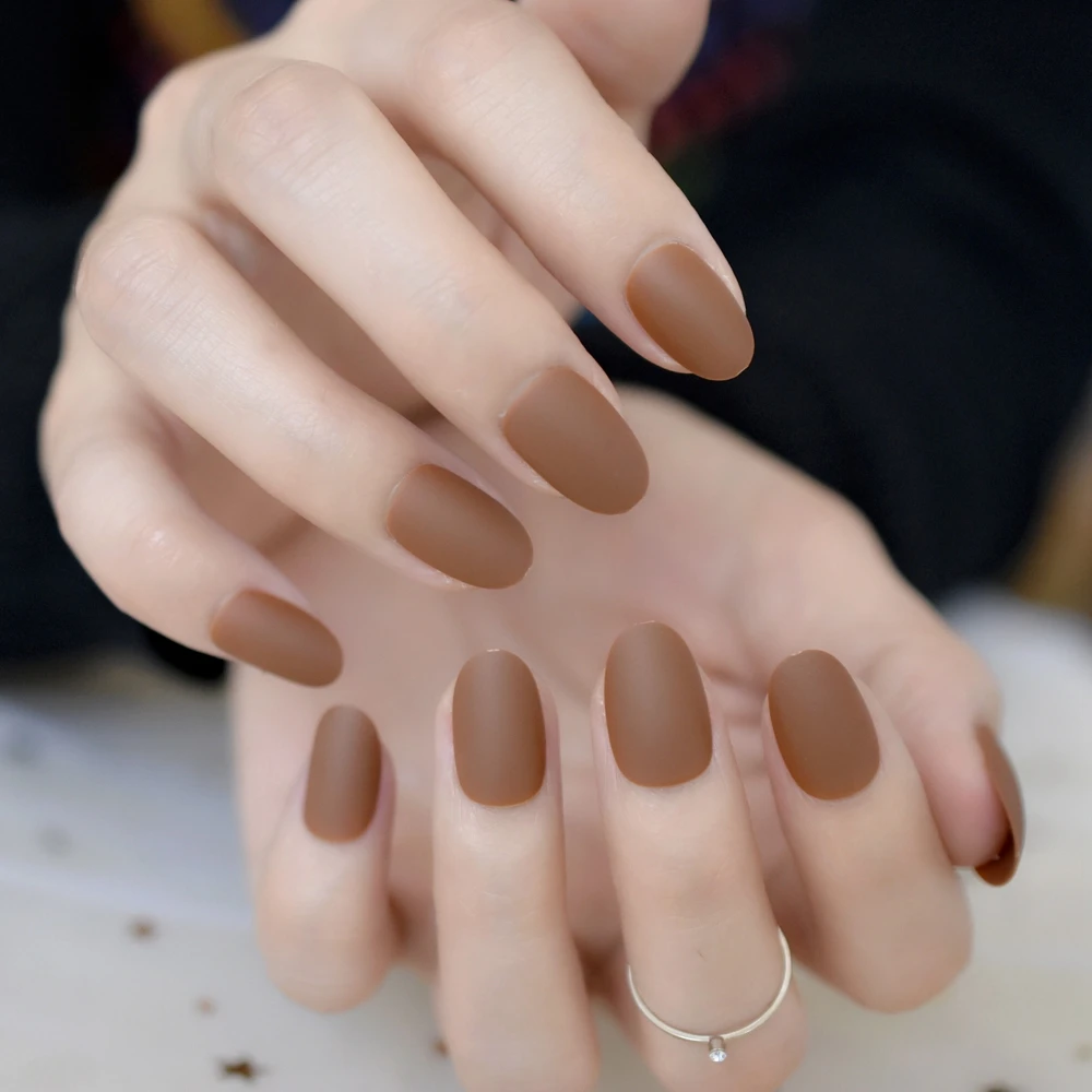 24 pieces Oval Matte Press On Nails Coffee Brown Ladies Fake Nails Short fo...