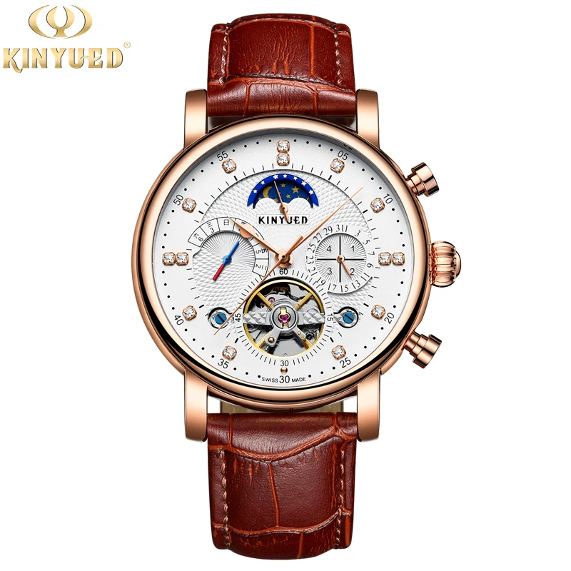 Механические часы Kinyued Skeleton Tourbillon автоматические мужские классические кожаные