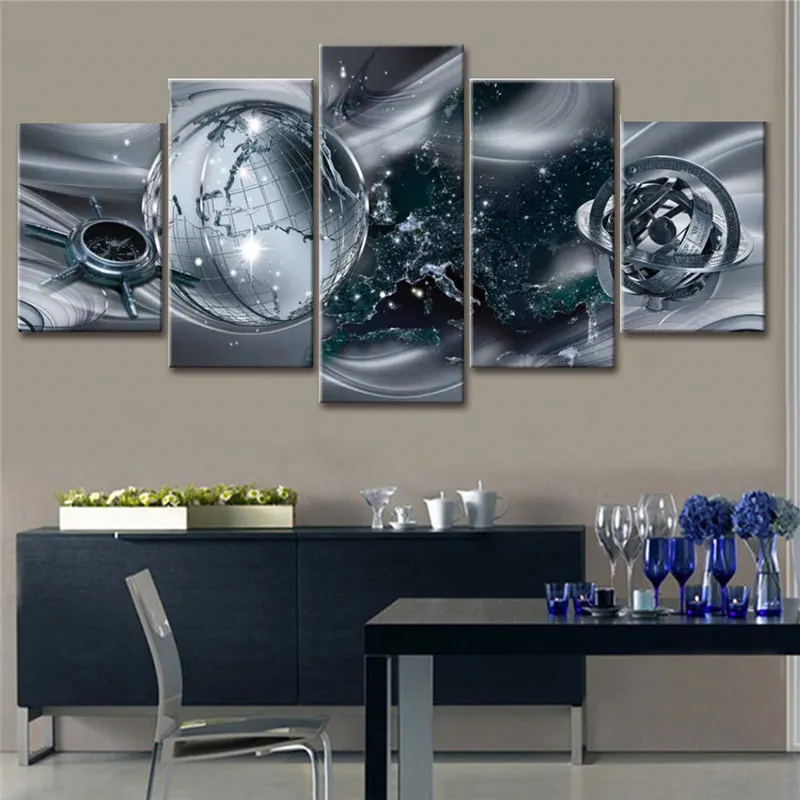 

5 Pieces Modern Abstract Painting Globe Compass Prints Wall Art Texture Canvas Painting Modular Pictures for Living Room Decor