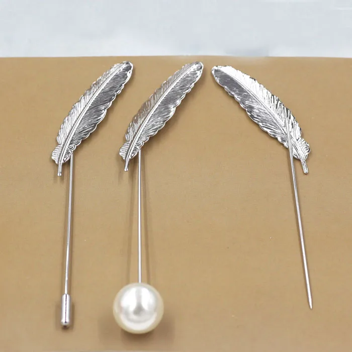 Blank Brooch Pins with Stopper 52x12mm Metal Feather Shape Hat Pins