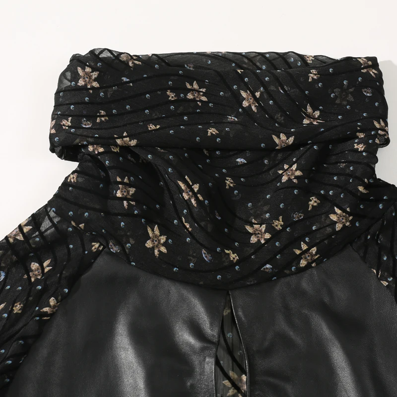 2019 Spring New Splicing Floral Chiffon Top Women's Sense of Self-cultivation Pile Collar Leather Sheepskin leather jacket