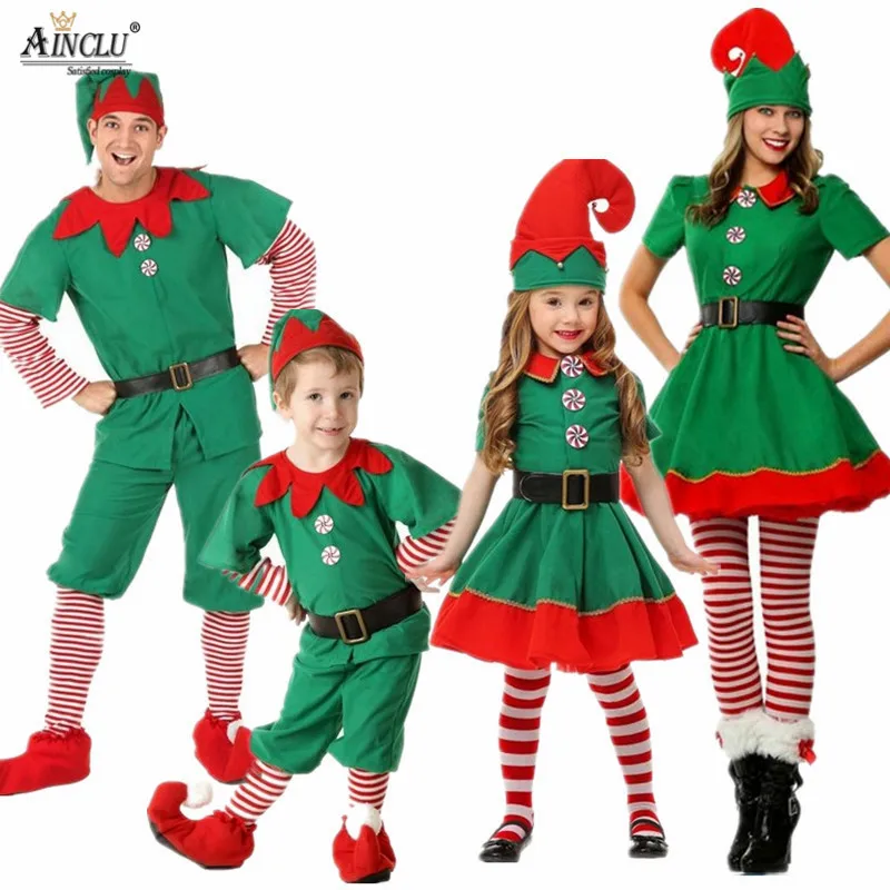 

90-180cm Kids Adults Cosplay Costumes Halloween Christmas Santa Clause Elf Suit kids Uniforms for School Drama Peter Pan Clothes