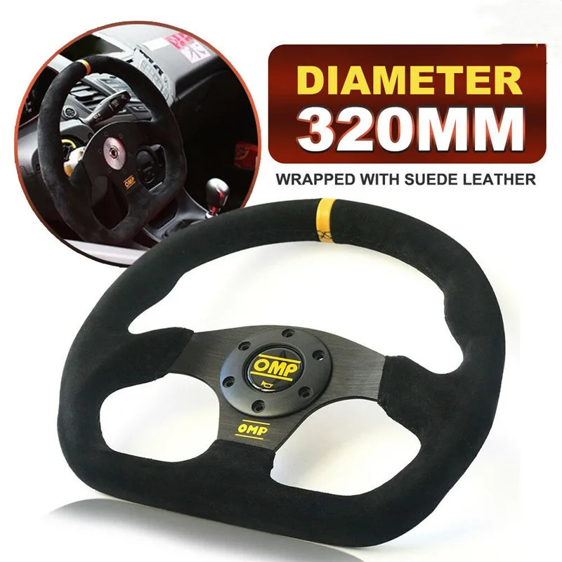 

Universal OMP13 Inch Refitted Steering Wheel Black Suede Leather Flat Steering Wheel Drift Rally Yellow Auto Parts