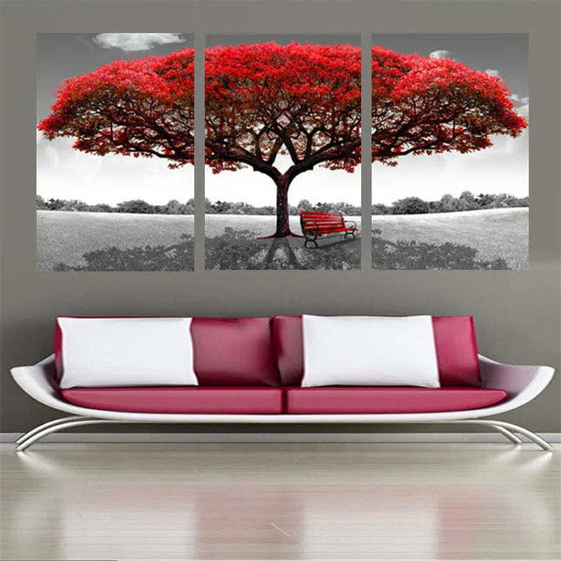 

Modular Poster Framework Pictures Home Decor Living Room 3 Panel Red Tree Landscape HD Printed Modern Canvas Painting Wall Art