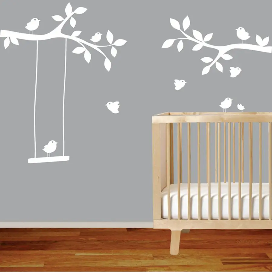 Por Nursery Wall Decal Lots From Tree Branches Wall Decal With Birds Nursery Decor Art Sticker Mural Swing