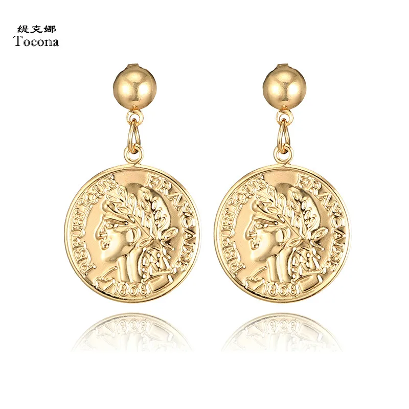 

Tocona Vintage Avatar Coin Pendant Metal Drop Earrings Punk Gold Alloy Dangle Earring Brincos for Women Statement Jewelry 3459