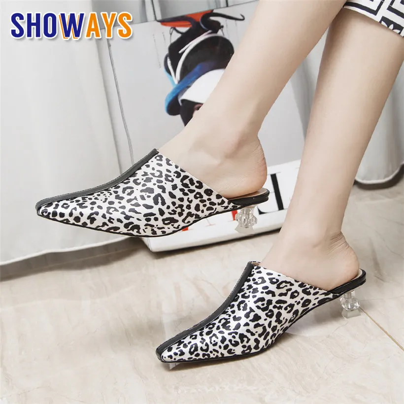 

Elegant White Leopard Women Mules 3cm Low Clear Crystal Heel Square Toe Pumps Casual Slip-on Summer Outdoor Sexy Ladies Slippers