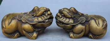 

7"Marked Chinese Bronze Wealth Copper Money Dragon Beast PiXiu kylin Pair Statue