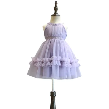 

Summer Girl Dress 2019 New Flower Girls Wsdding Party Dress For 2-8Yrs Purple Sleeveless Lace Net Veil Patchwork Princess Dress