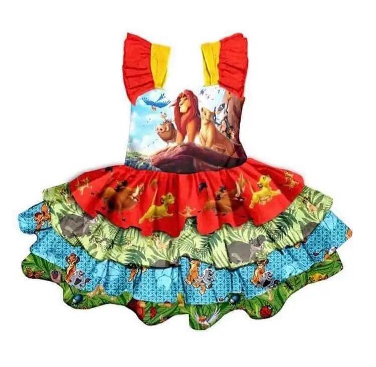Cheap Wholesale Children s Boutique Clothing Girl Rotating Sleeveless Dress Red and Blue Cartoon lion king Animal Print Design