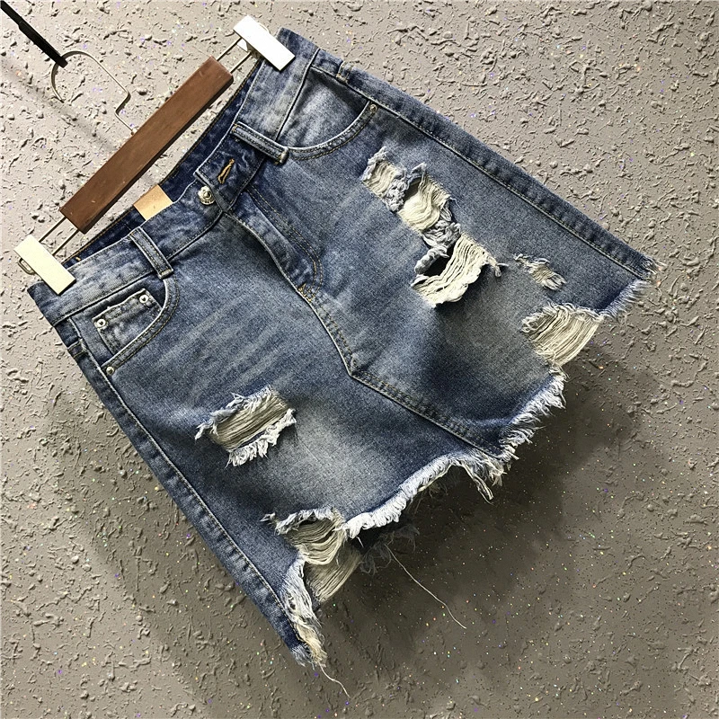 

2019 Womens Summer Mini Short Denim Skirts Vintage Sexy Hole High Waist Pencil Skirt Ripped Jeans Skirt