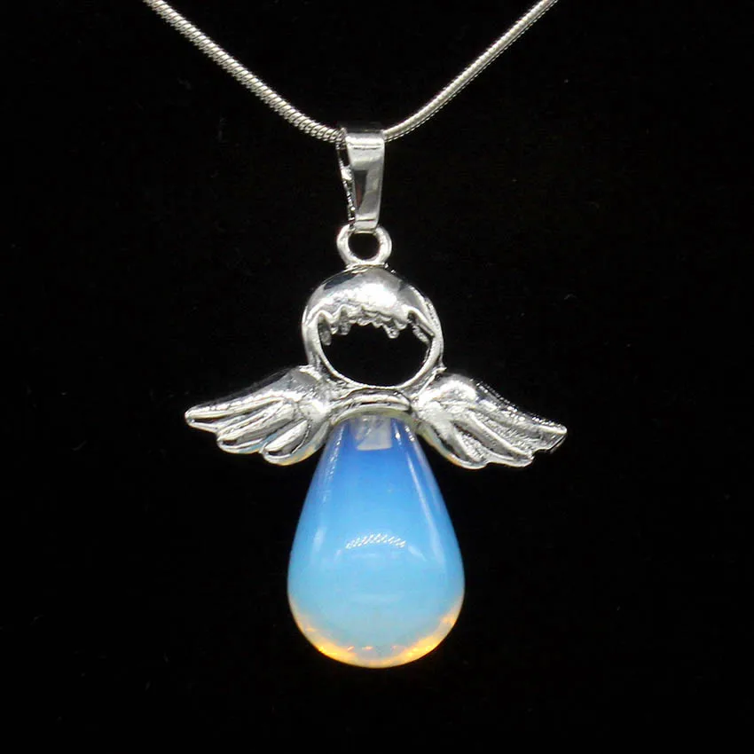 

Kraft-beads Silver Plated Angel Wing Water Drop Pendant Opalite Opal For Valentine's Day Jewelry