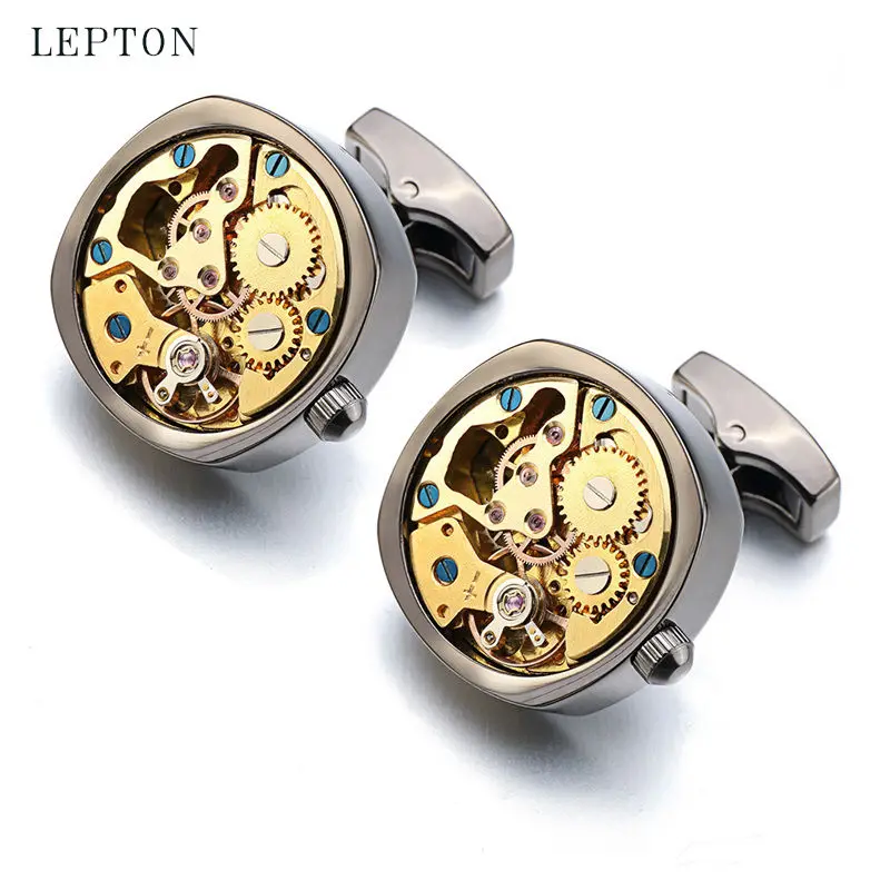 

Lepton Gold Watch Movement Cufflinks For Men Gift Hot Sale Immovable Stainless Steel Steampunk Gear Cufflink Relojes gemelos