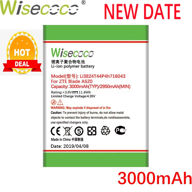 

Wisecoco Li3824T44P4h716043 3000mAh 3.85V Battery For ZTE Blade A520 A521 BA520 A603 BA603 Phone Battery Replacement