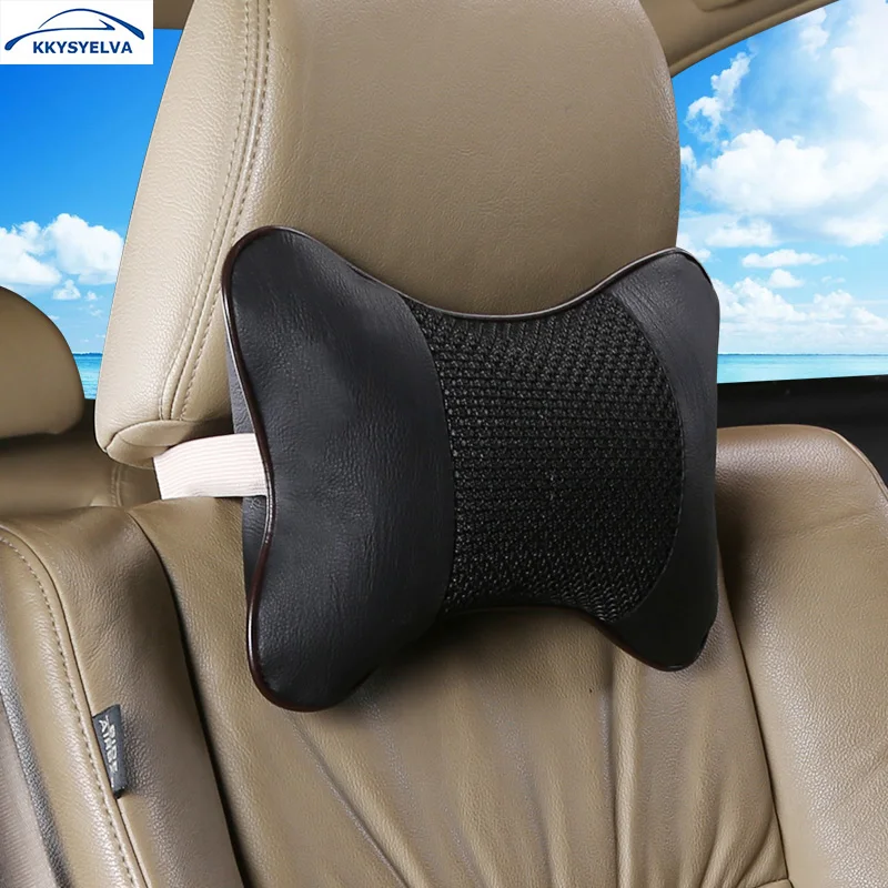 KKYSYELVA Breathable Leather Car Neck Pillow Auto Seat Cover Headrest Wait Lumbar Support