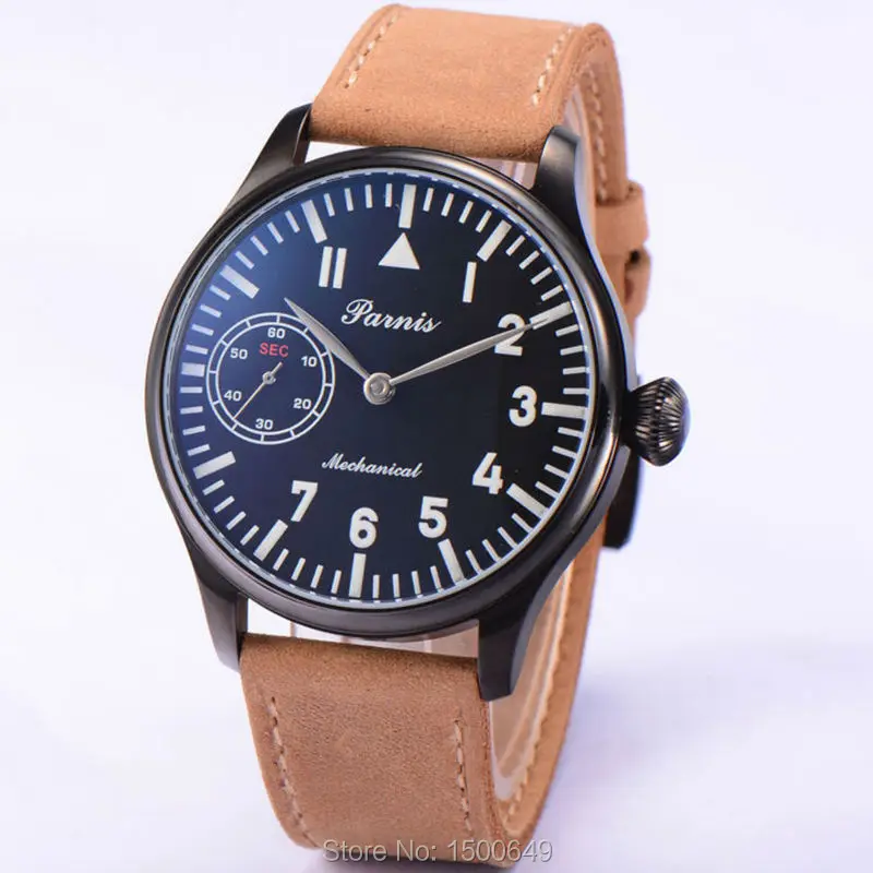 

Parnis 44mm black dial black case Silver hands Manual on the refining mechanical movement