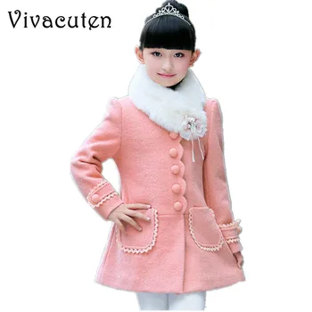 

New Winter Girls Thicken Warm Coat Children Fur Collar Woolen Jackets Infant Kids Overcoats Teens Girls Clothes Outerwear H073