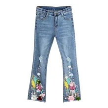 Европейская станция Весна блестки объемной украшение тонкие женские джинсовые брюки эластичные рваные расклешенные брюки