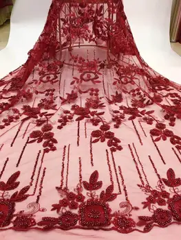 

embroidery African french lace latest Nigerian tulle fabric with lots of beads high quality wise choice Purple pink greenn