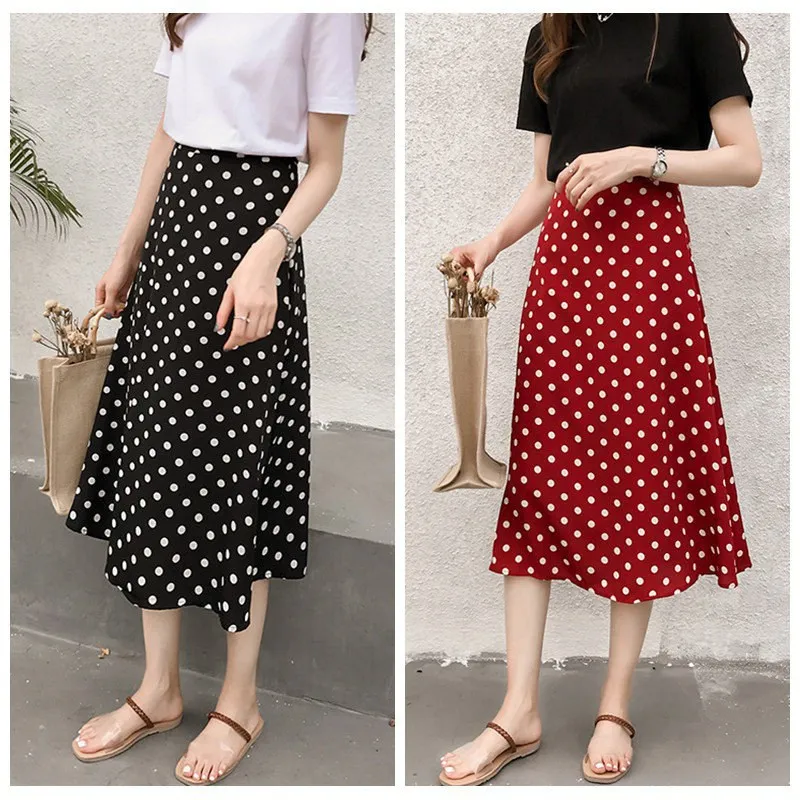 

Women Vintage Polka Dot Skirts Chiffon Elastic High Waist Solid Color Wild A-Line Long Paragraph Skirts Womens
