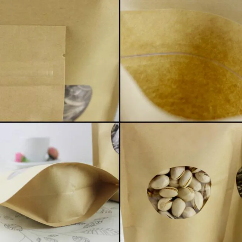 100pcs/lot Kraft Packing Bag With Zip Lock Round Window In Front Snacks Storage Package Paper Bags 19041201