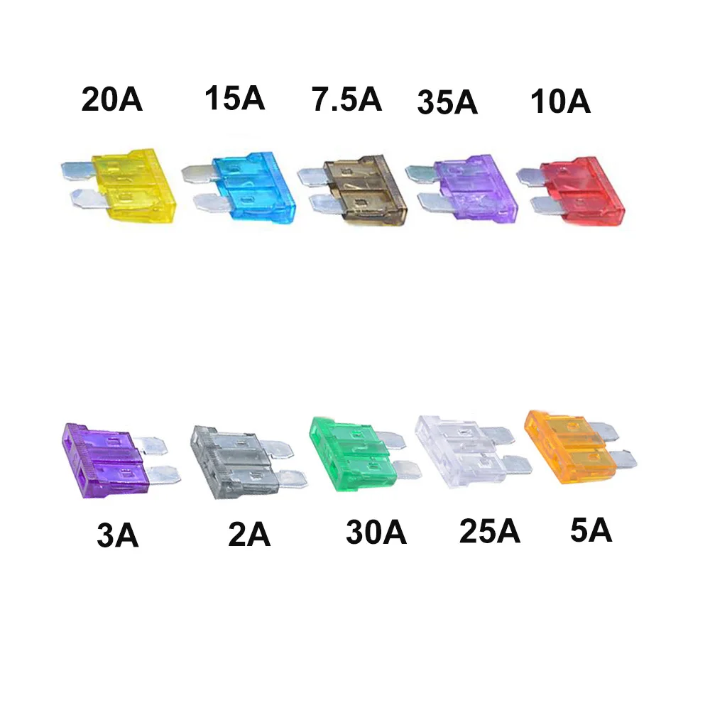 100 шт./лот, автомобильная коробка предохранителей среднего размера со стандартным лезвием, пластиковая коробка в ассортименте с 2А 3А 5А 7.5а 10А 15А 20А 25А 30А 35А предохранители