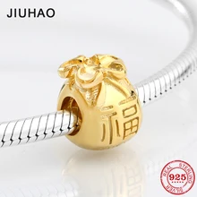 Модный Роскошный 925 пробы Серебряный позолоченный браслет с золотыми бусинами на удачу, очаровательный браслет Pandora для изготовления ювелирных изделий