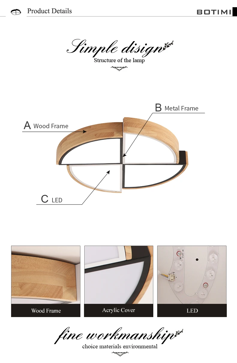 BOTIMI новое поступление светодиодный потолочный светильник с деревянной рамой для гостиной, потолочный светильник для комнат, круглый светильник для спальни