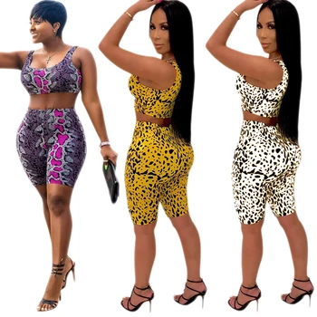 

Women Two Piece Set Female Tracksuit Vest +Ankle Length Legging Pencil Pants Ladies Leopard Printed Outfit Femme Sets