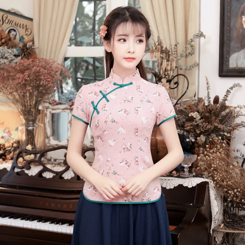 

Summer New Cotton Linen Shirt Women Fashion Blouse Print Flower Improved Slim Top Chinese Lady Daily Tang Clothing Tops S-XXL