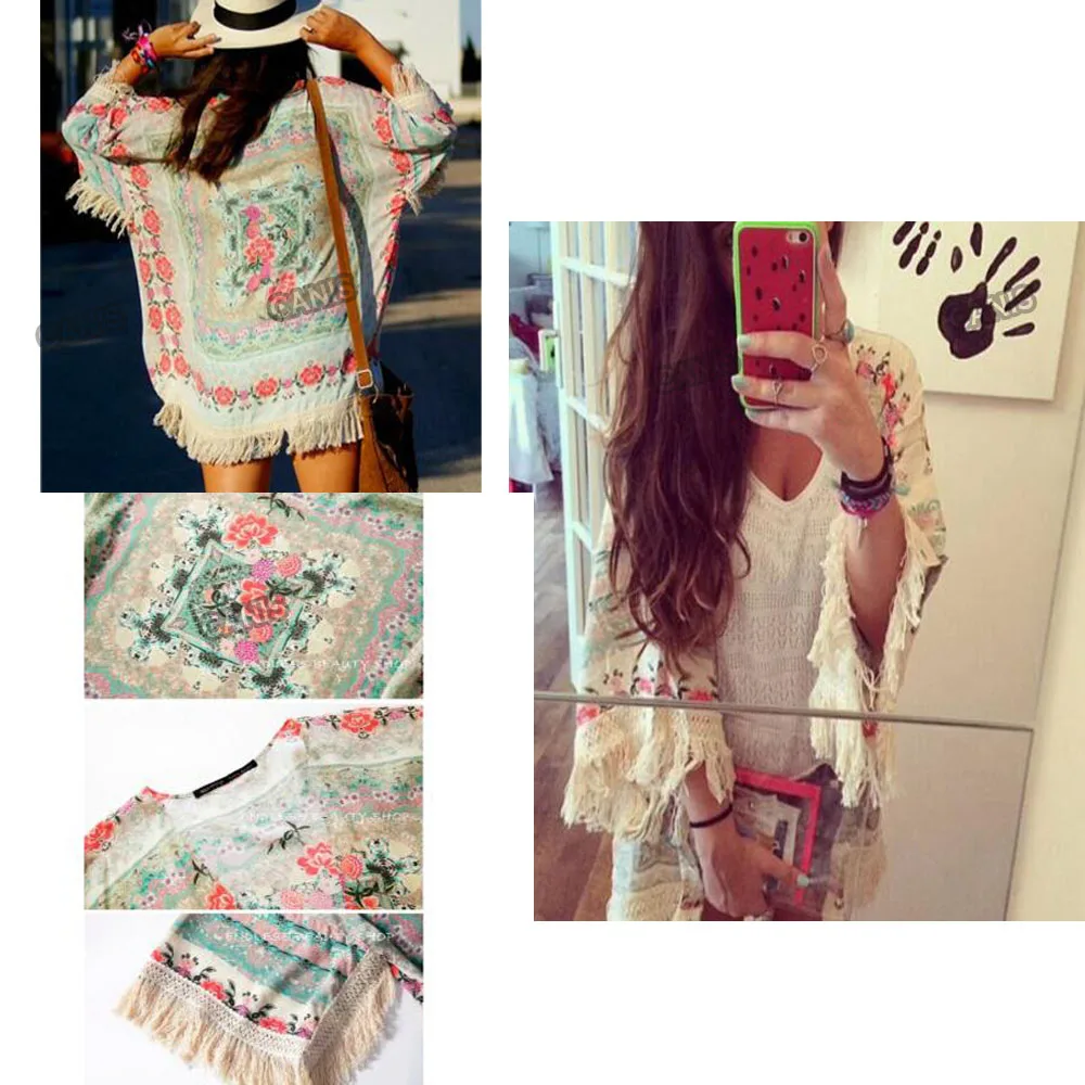 Women Fringed Tassel Shawl Cape Beach Ladies Cover Up Loose Blouse Shirt Floral womens bathing suit cover up
