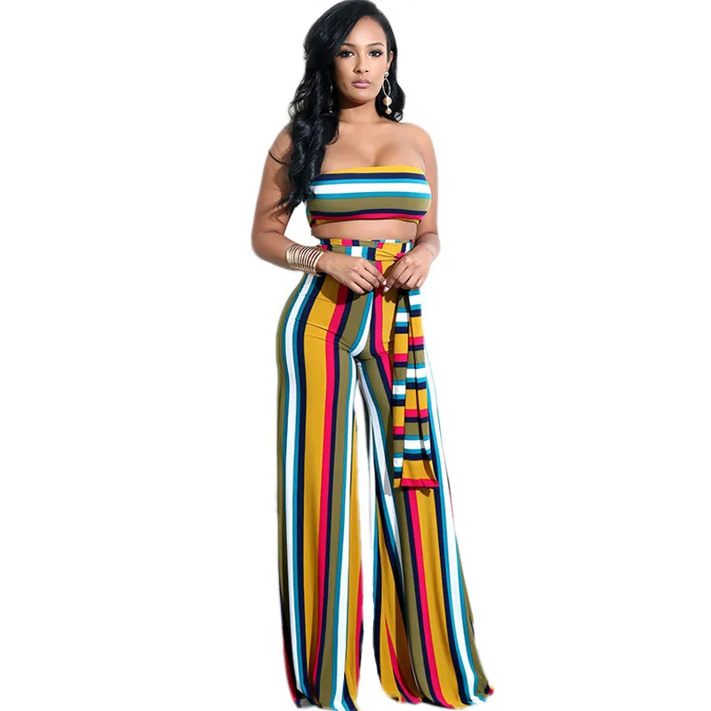 Clubwear طباعة مخطط اثنين من قطعة مجموعة النساء 2018 الأزياء ملابس مكشوفة الكتف و بنطال ذو قصة أرجل واسعة دعوى Conjunto Feminino حزب حللا Clubwear طباعة مخطط اثنين من قطعة مجموعة النساء 2018 الأزياء ملابس مكشوفة الكتف و بنطال ذو قصة أرجل واسعة دعوى Conjunto Feminino حزب حللا