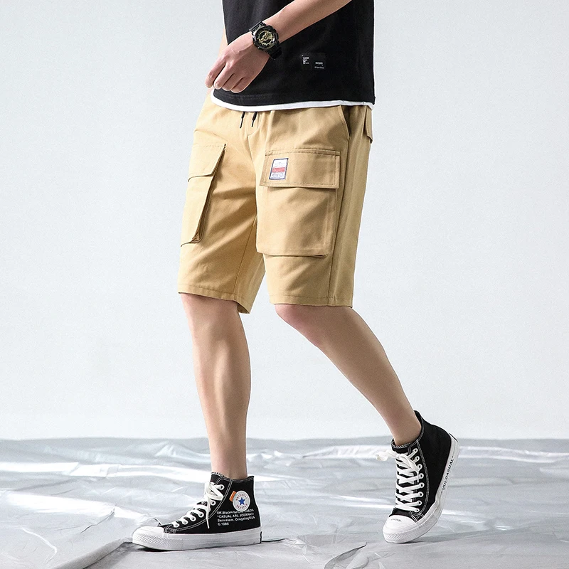 

2019 Cargo Shorts Men Cotton Polyester Elastic Waist Many Pockets Solid Man Casual Shorts Black Khaki Fashion Jogge Shorts DK33