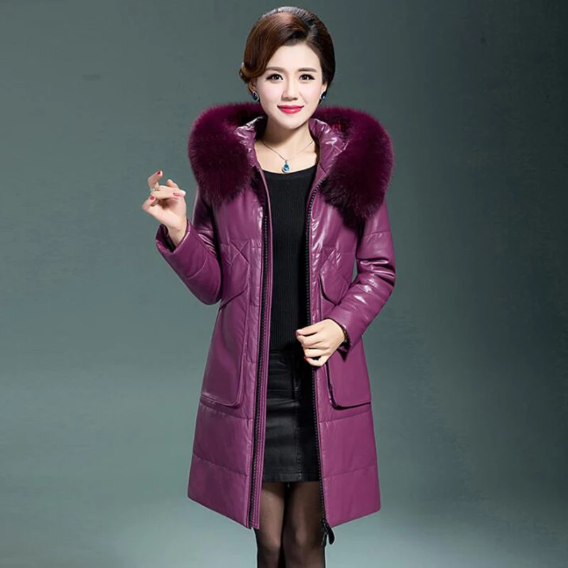 

Women Leather Down Jacket Winter Warm Long Coat 2018 Middle-aged Mother Temperament Hooded Faux Fox Fur Collar Thicken Coat