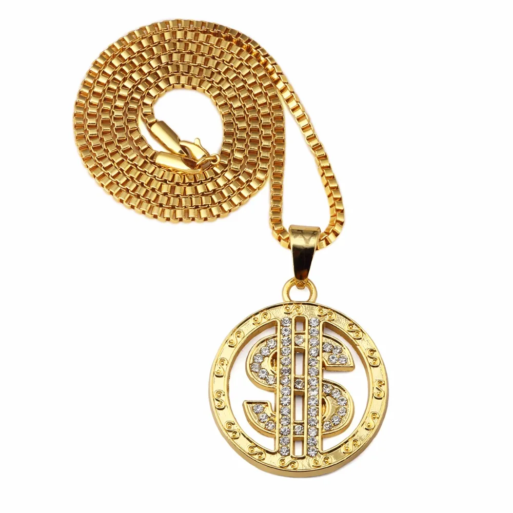 Ледяной Золотой Круглый доллар ожерелье с подвеской со знаком маленький кулон