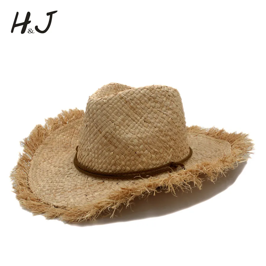 Летняя соломенная ковбойская шляпа из рафии ручной работы для мужчин и женщин, шляпа для джентльмена с широкими полями