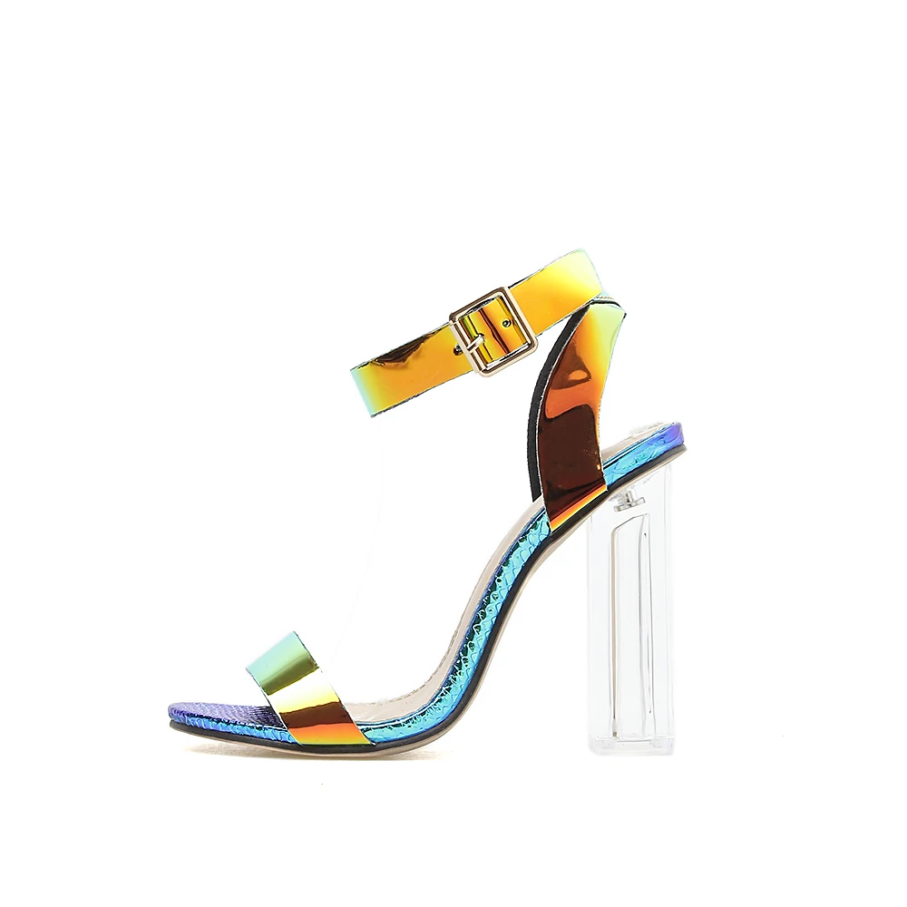 Fashion PVC Serpentine Women Buckle Strap Sandals For Summer Peep Toe Ladies Sqare Transparent Crystal heels Shoes