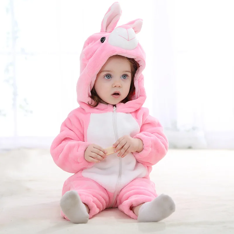 Сезон зима-весна; фланелевый комбинезон для новорожденных; детская одежда для альпинизма; комбинезон с изображением животных; костюм на молнии и с капюшоном; теплая удобная детская одежда - Цвет: Pink rabbit