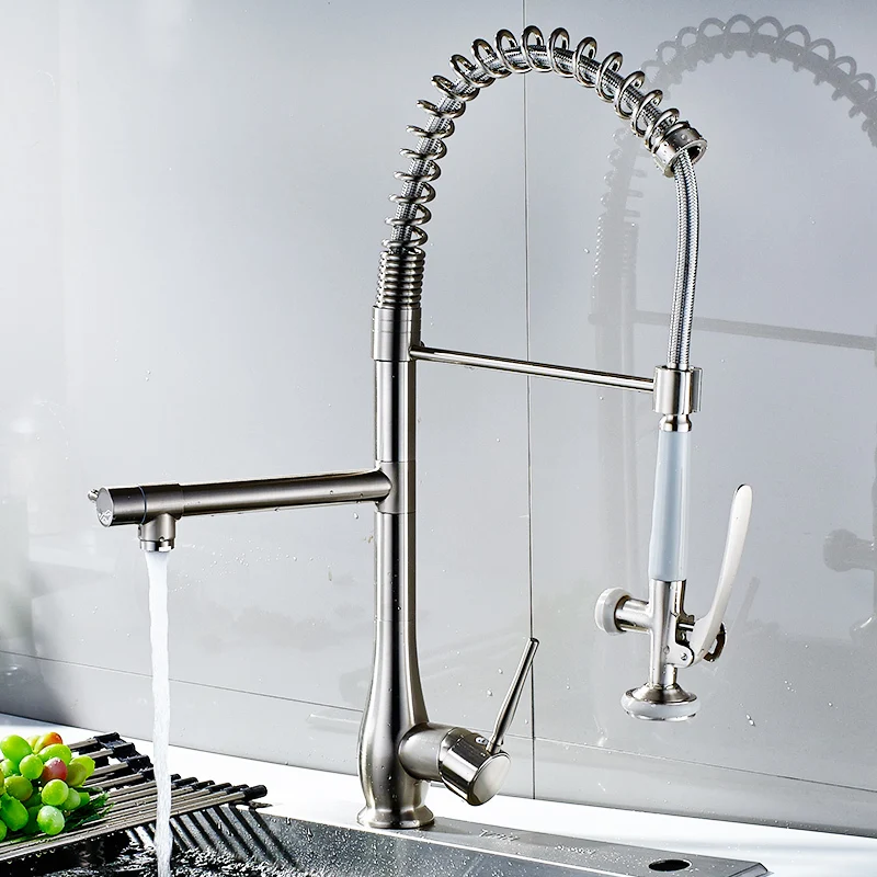 Fapully Kitchen Faucet Mixer Nickle Brushed Dual Sprayer Swivel Rotatable Hot Cold Sink Water Tap Mixer