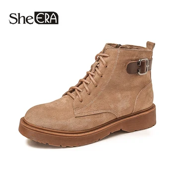 

New Fashion Women Boots Flock Brown/Black Zip Lace-Up Buckle Women Ankle Boots Casual Lady Shoes Classic Female Shoes She ERA