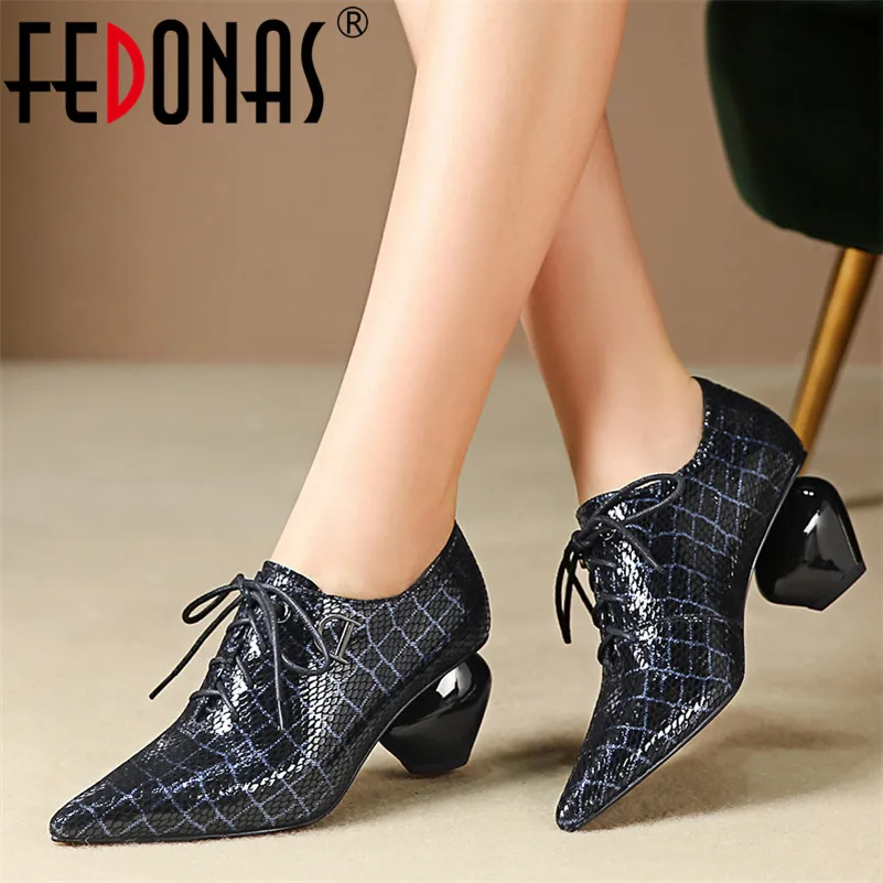 FEDONAS Top Quality Print SheepSkin Single Shoes Woman 2021 New Basic Lace Up Pointed Toe Women Pump