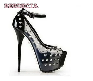 

Newest ladies Studded transparent 16 cm high heel sandals peep toe platform shoes buckle strap stiletto heel shoes night-club