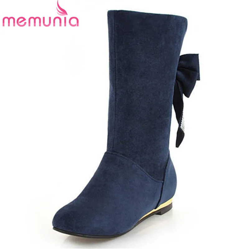 

MEMUNIA 2020 new arrival mid calf boots women flock autumn winter boots sweet bowknot round toe boots comfortable casual shoes