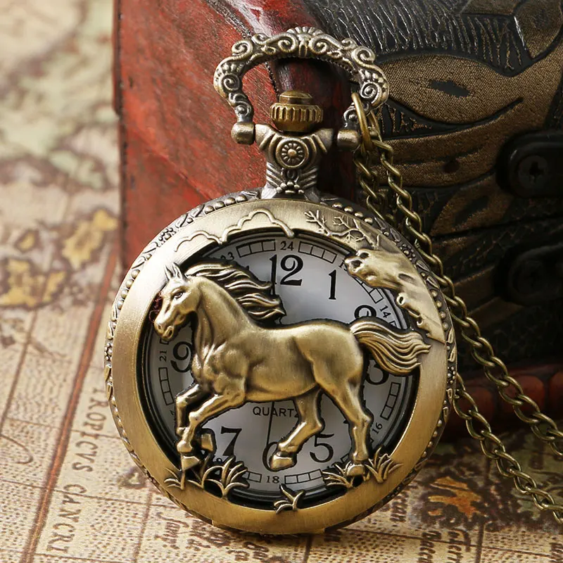 2018 Pocket Watch Retro Bronze Copper Horse Hollow Quartz Watch Clock Hour Fob 12 Zodiac Chain Pendant Birthday Souvenir Gifts for Men Women 2018 (3)