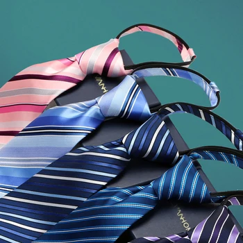 

Top Quality Men Zipper Ties Easy To Pull Lazy Necktie 8cm Classic Striped Neckwear Cravat Business Formal Interview Wedding Tie