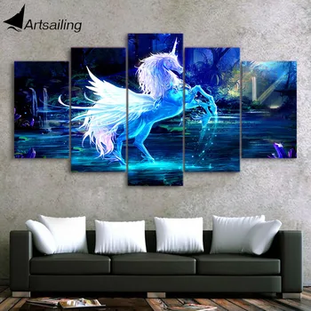 

Wall Art on Canvas 3D Unicorn Horse Picture Home Decoration Modern 5 panel Canvas Painting Print Poster for Wall Decor F013