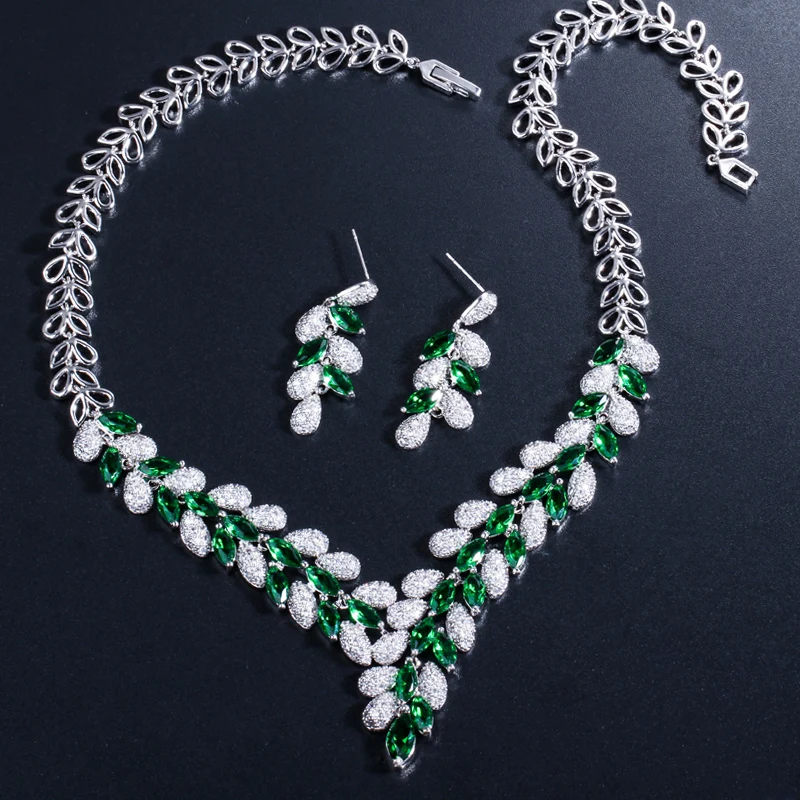 Threegraces Silver Color Nigerian Wedding Necklace Earring Jewelry Sets Luxury Green Zircon Crystal Jewelry Set for Women JS014